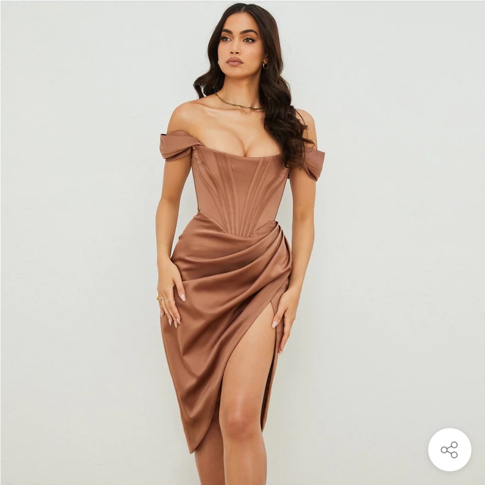 GLOSSY SATIN OFF SHOULDER DRAPED CORSET MIDI DRESS